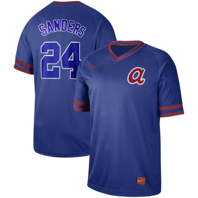 Men Atlanta Braves 24 Sanders Blue Nike Cooperstown Collection Legend V-Neck MLB Jersey